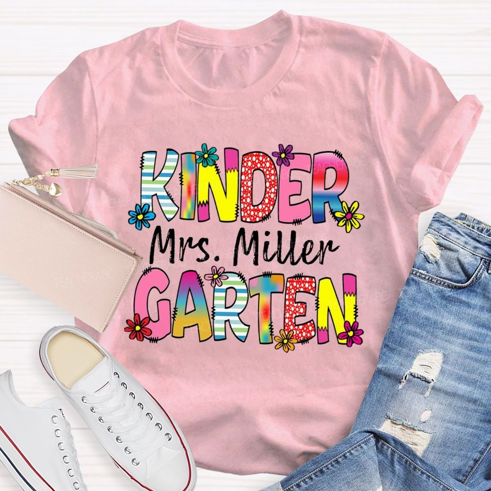 Personalized Grade And Name Strip  Floral Gradient Letters Teacher T-Shirt