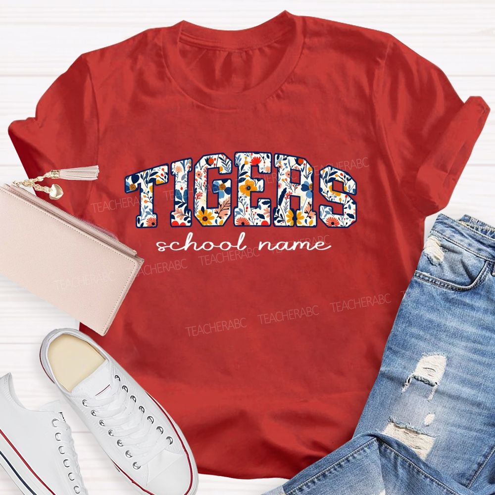 Personalized Mascot And School Name Floral Tiger Teacher T-Shirt