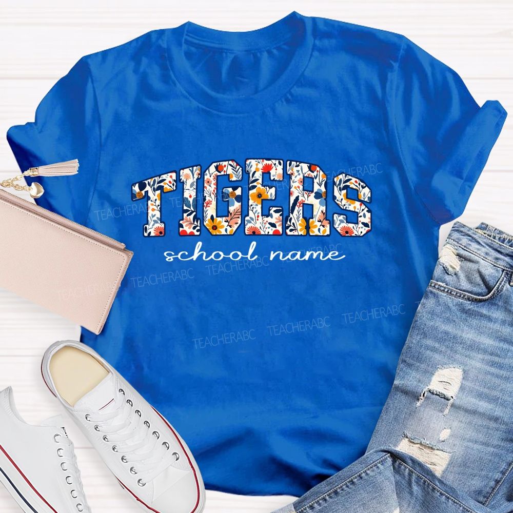 Personalized Mascot And School Name Floral Tiger Teacher T-Shirt