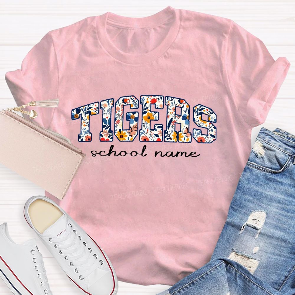 Personalized Mascot And School Name Floral Tiger Teacher T-Shirt