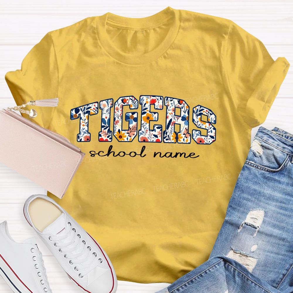 Personalized Mascot And School Name Floral Tiger Teacher T-Shirt
