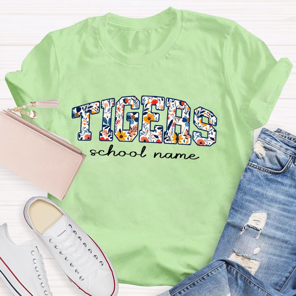 Personalized Mascot And School Name Floral Tiger Teacher T-Shirt