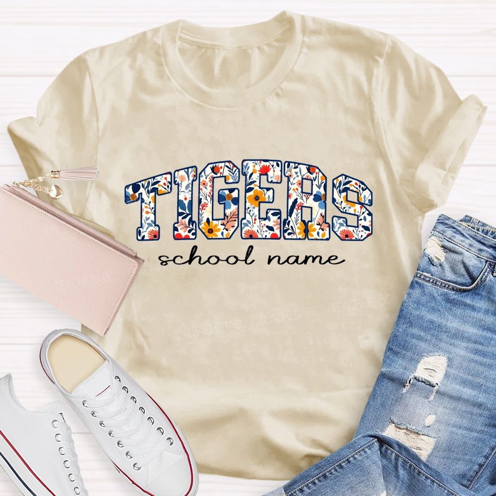 Personalized Mascot And School Name Floral Tiger Teacher T-Shirt