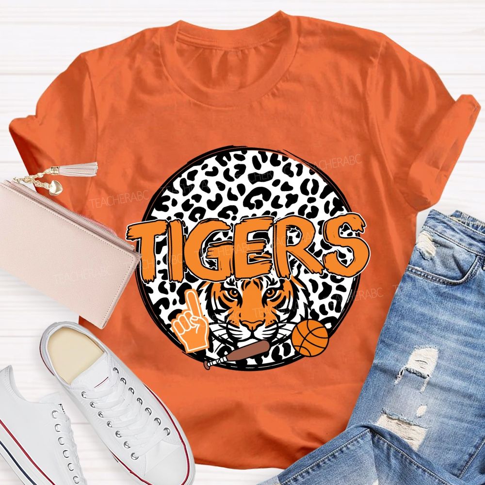 Personalized Mascot Round Leopard Print Teacher T-Shirt