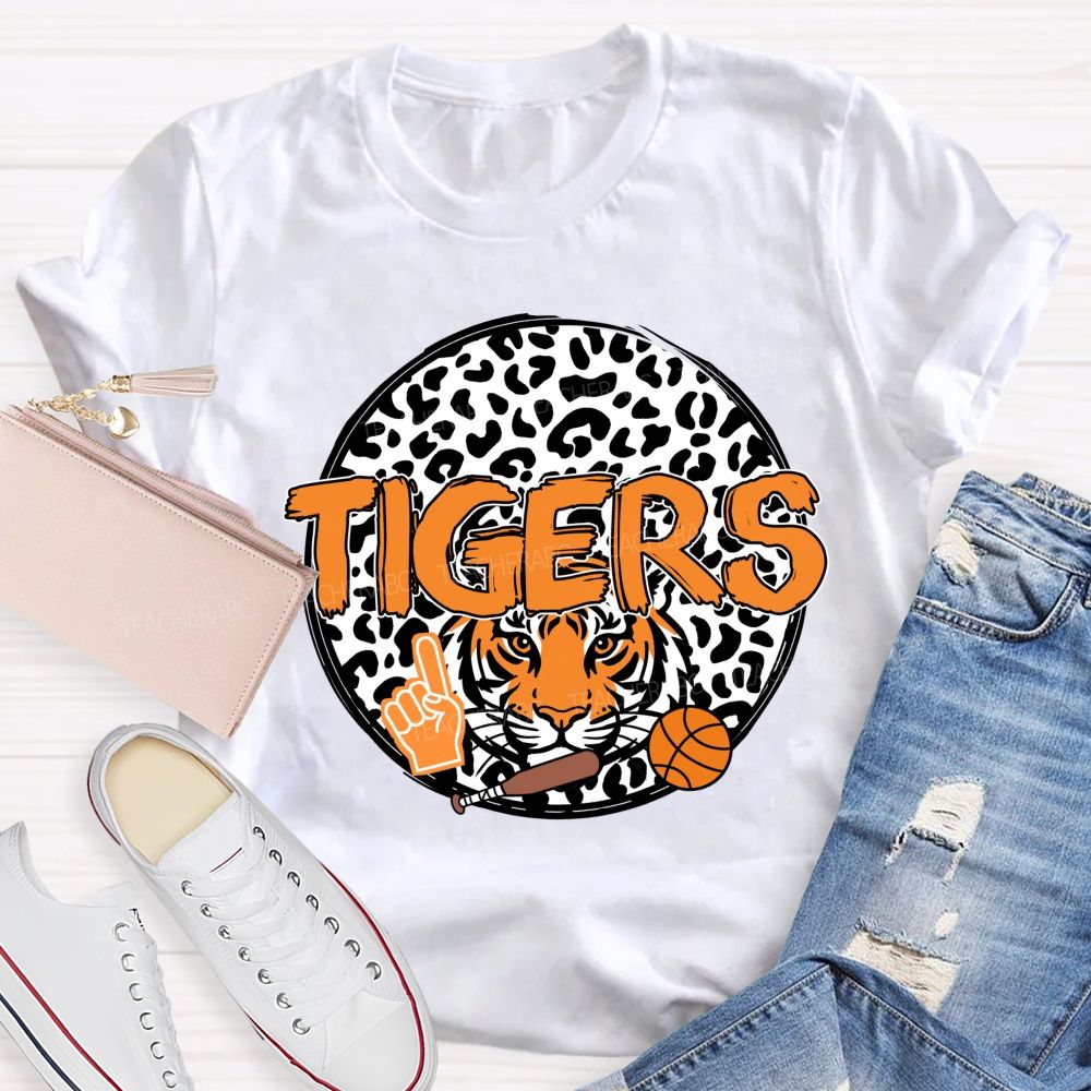 Personalized Mascot Round Leopard Print Teacher T-Shirt