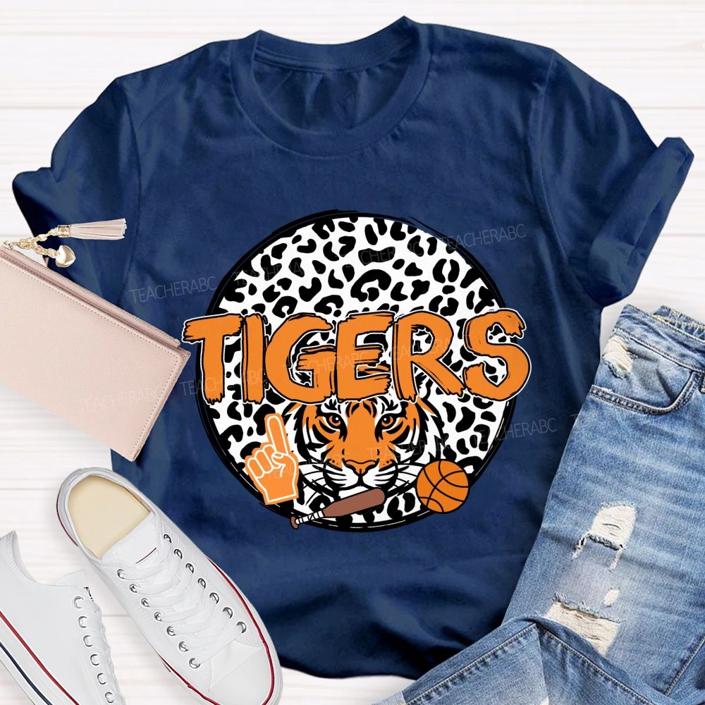 Personalized Mascot Round Leopard Print Teacher T-Shirt