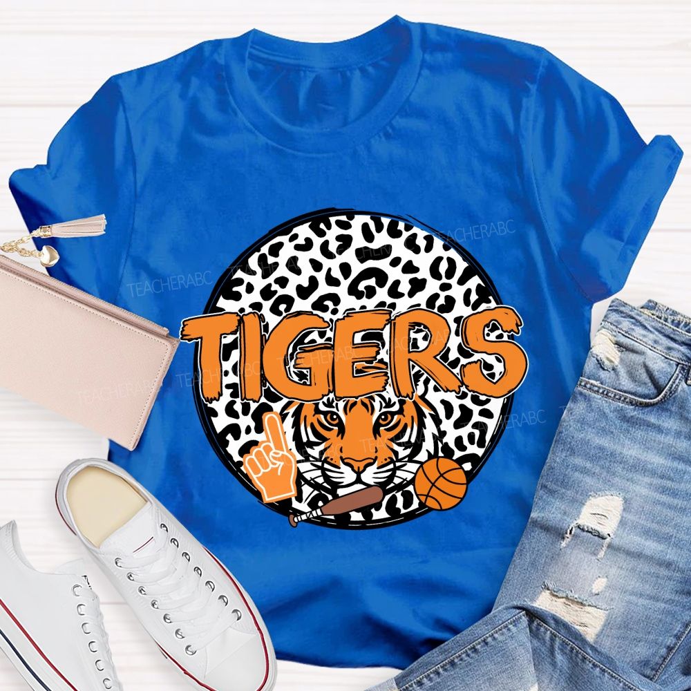 Personalized Mascot Round Leopard Print Teacher T-Shirt