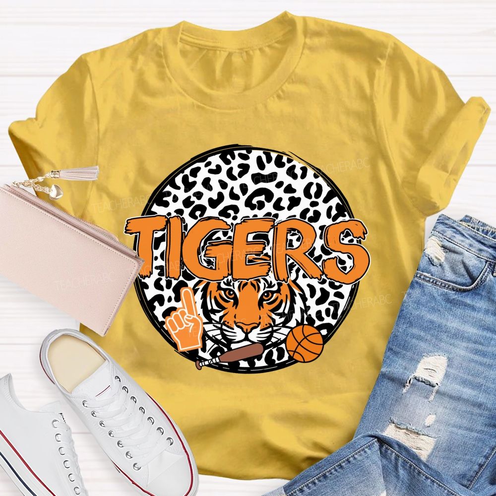 Personalized Mascot Round Leopard Print Teacher T-Shirt