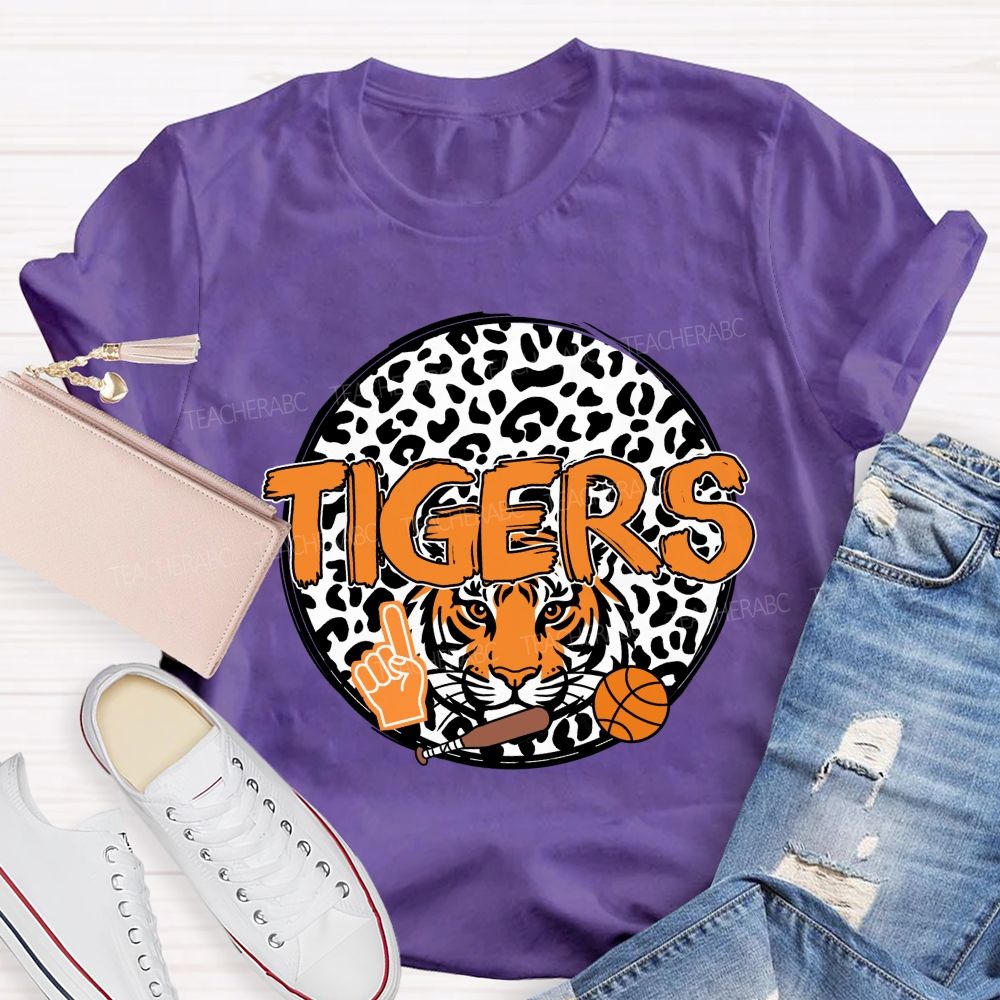 Personalized Mascot Round Leopard Print Teacher T-Shirt
