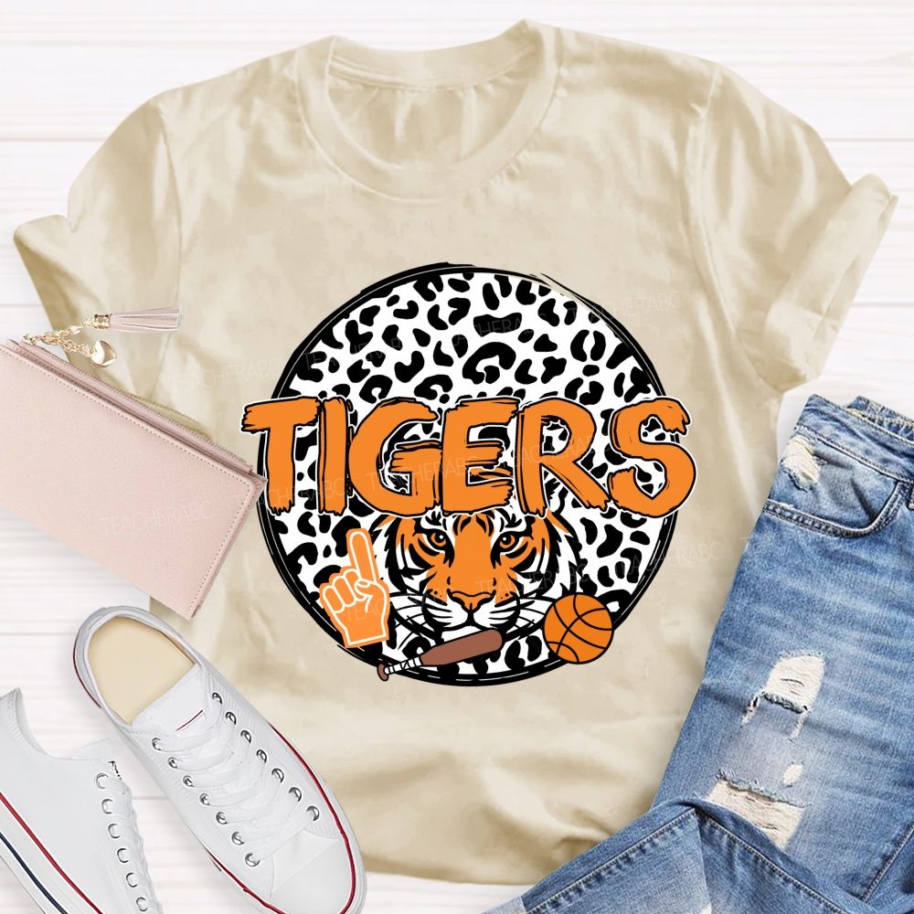 Personalized Mascot Round Leopard Print Teacher T-Shirt