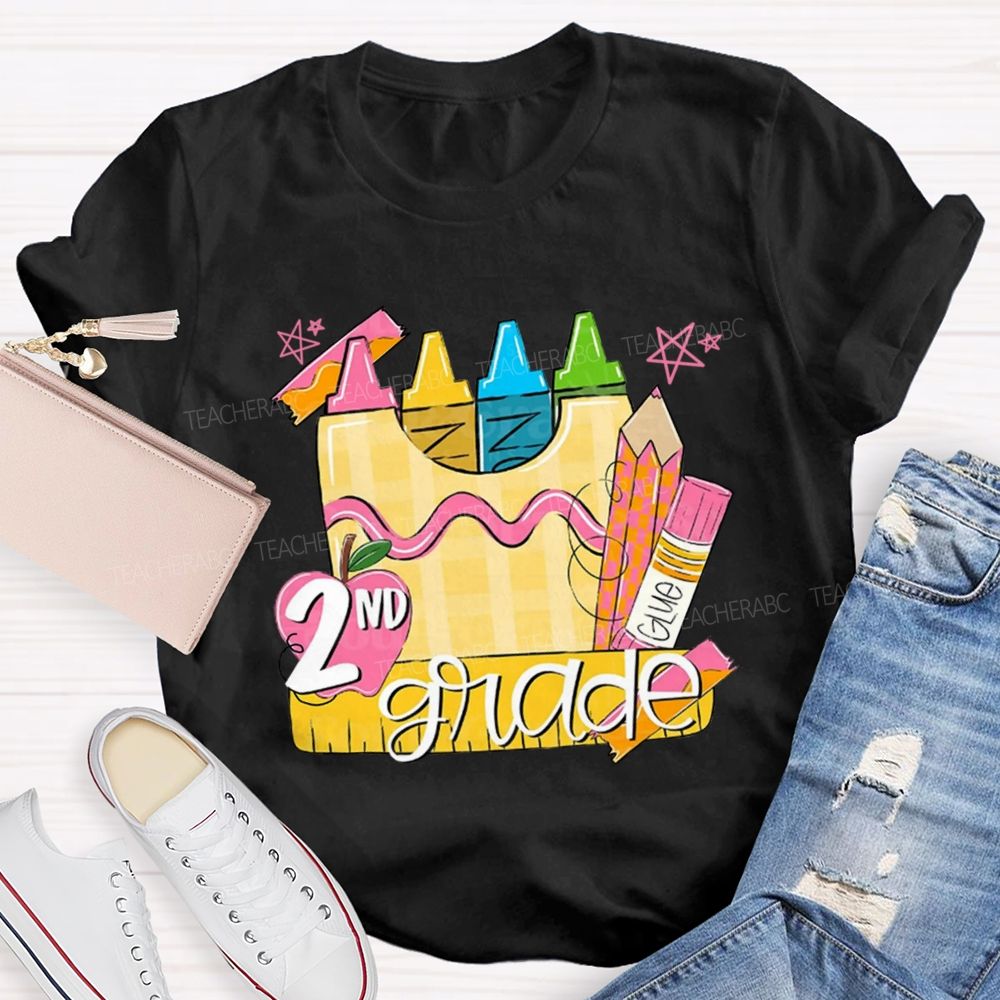 Personalized Grade Pink Crayon Star Print Teacher T-Shirt