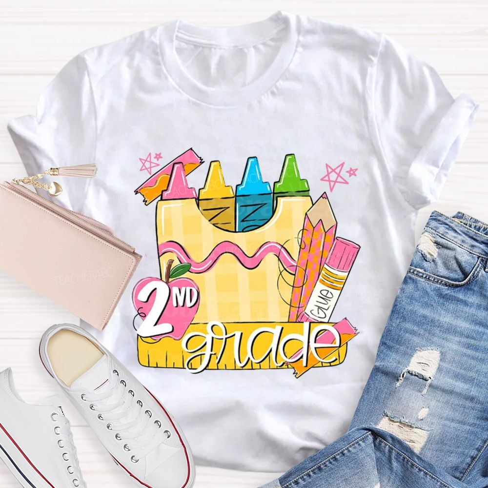 Personalized Grade Pink Crayon Star Print Teacher T-Shirt