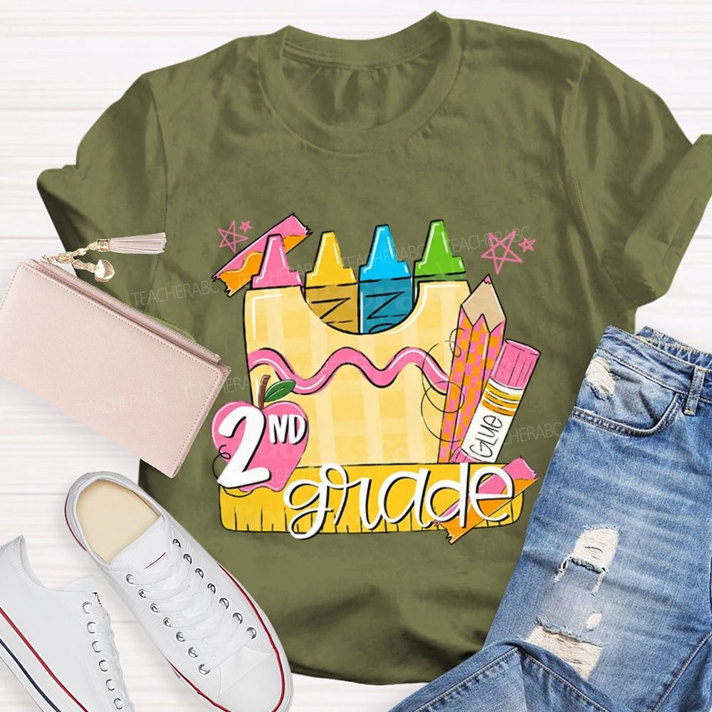 Personalized Grade Pink Crayon Star Print Teacher T-Shirt