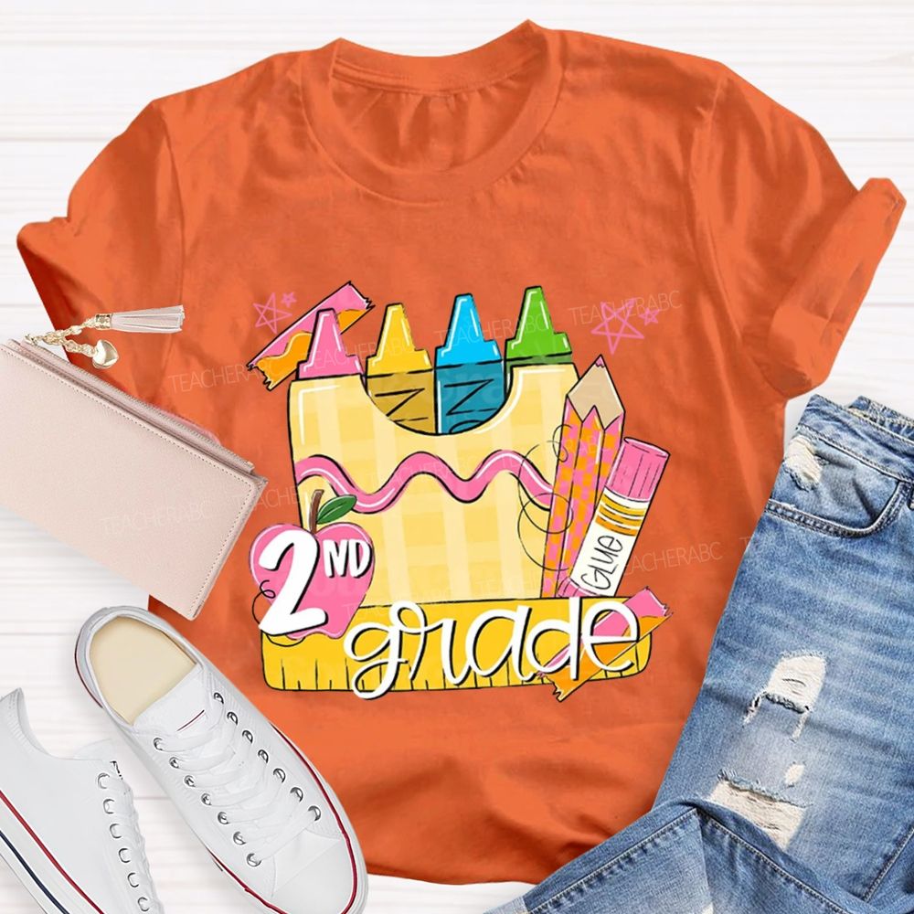 Personalized Grade Pink Crayon Star Print Teacher T-Shirt