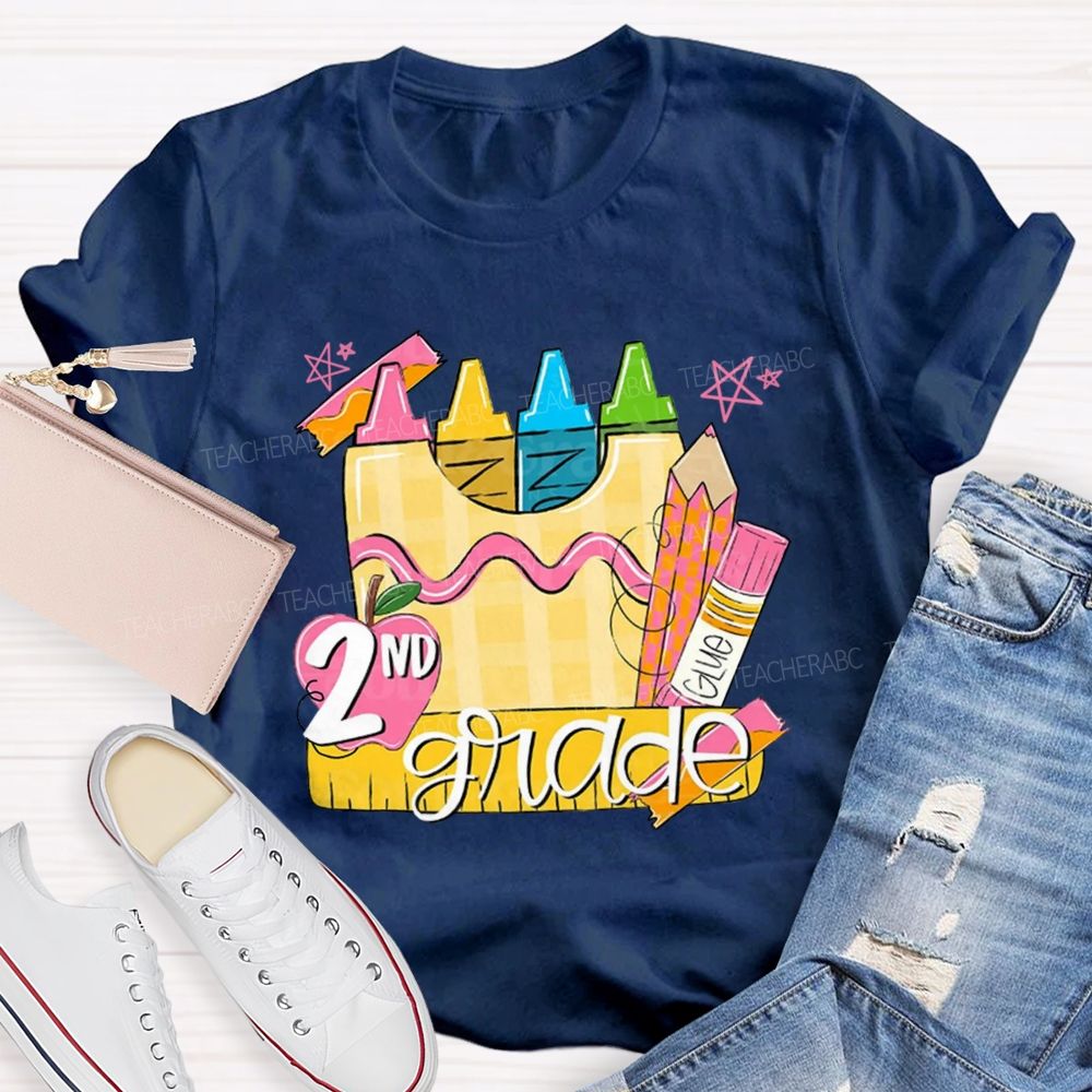 Personalized Grade Pink Crayon Star Print Teacher T-Shirt