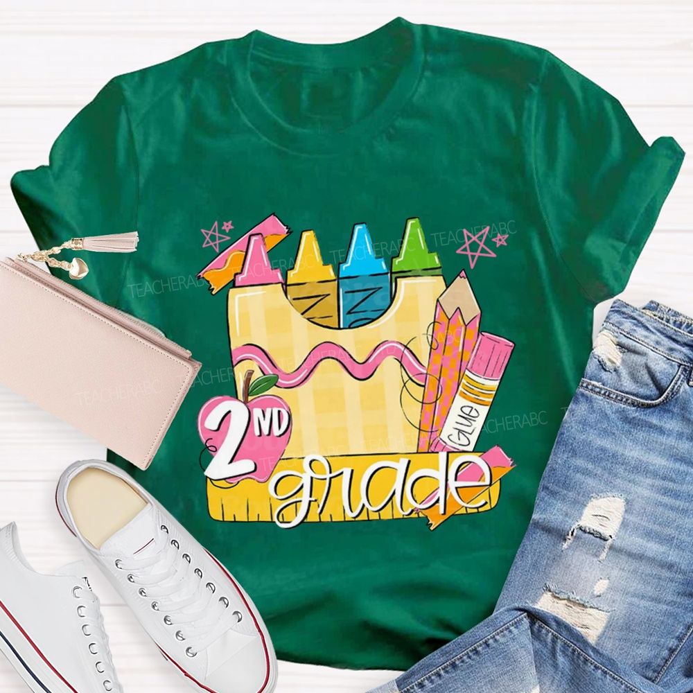 Personalized Grade Pink Crayon Star Print Teacher T-Shirt