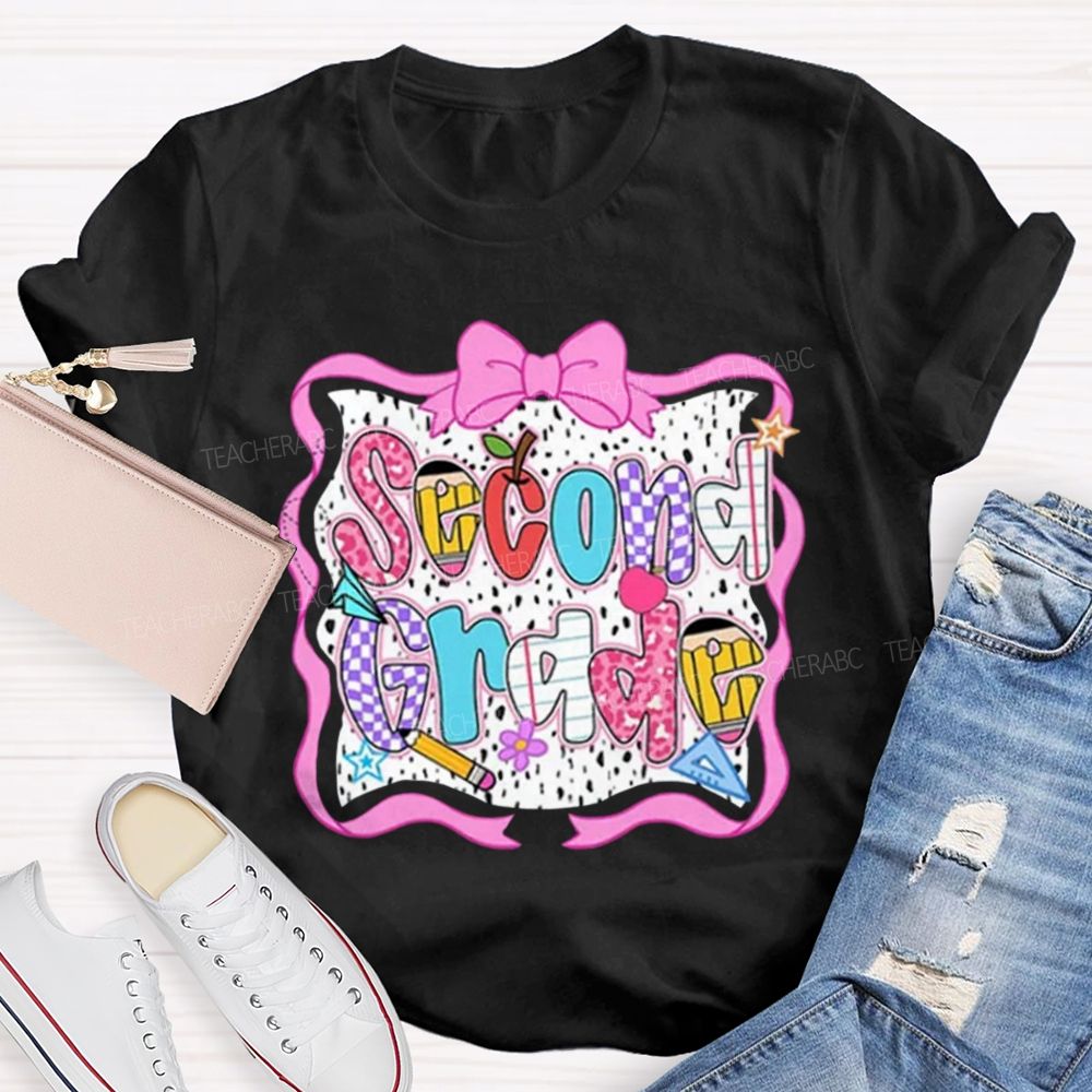 Personalized Grade Pink Bow With Ribbons Litter Star Teacher T-Shirt