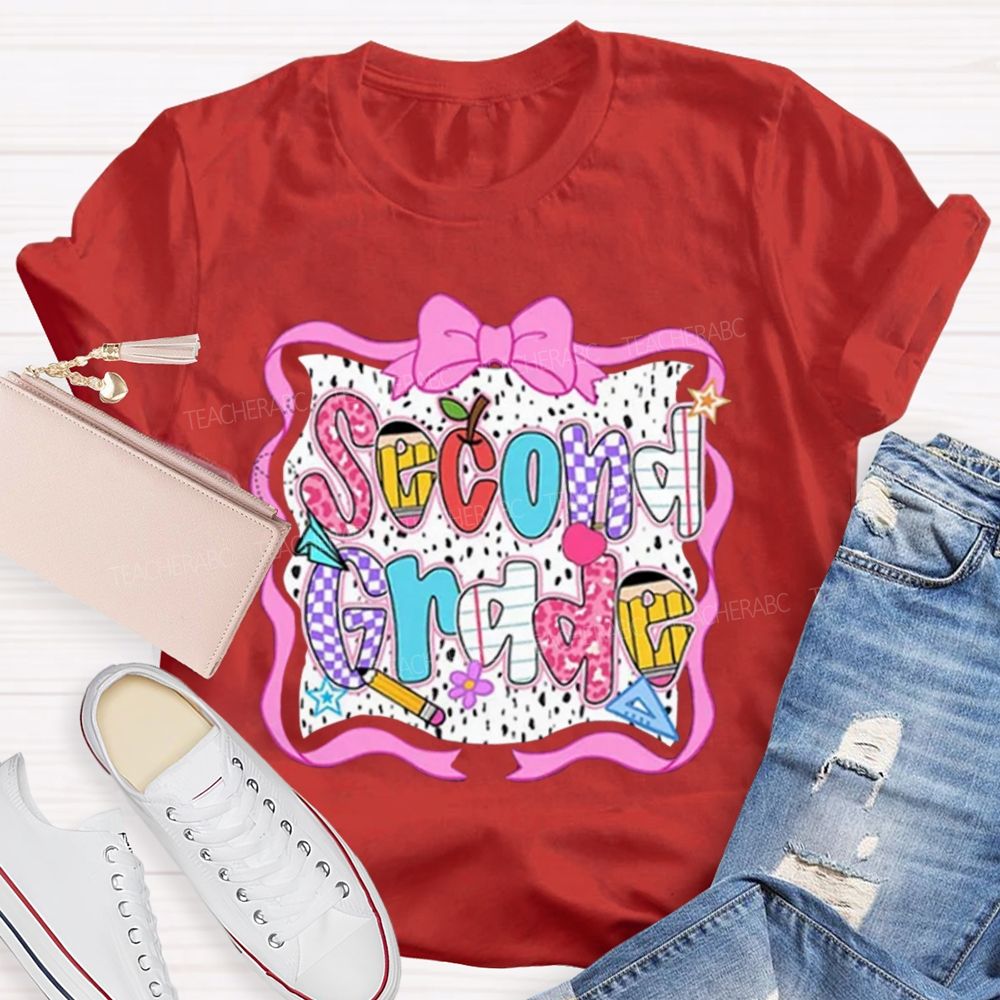 Personalized Grade Pink Bow With Ribbons Litter Star Teacher T-Shirt