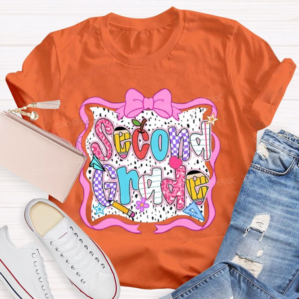 Personalized Grade Pink Bow With Ribbons Litter Star Teacher T-Shirt