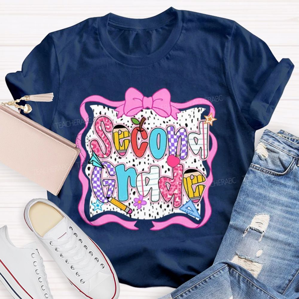 Personalized Grade Pink Bow With Ribbons Litter Star Teacher T-Shirt