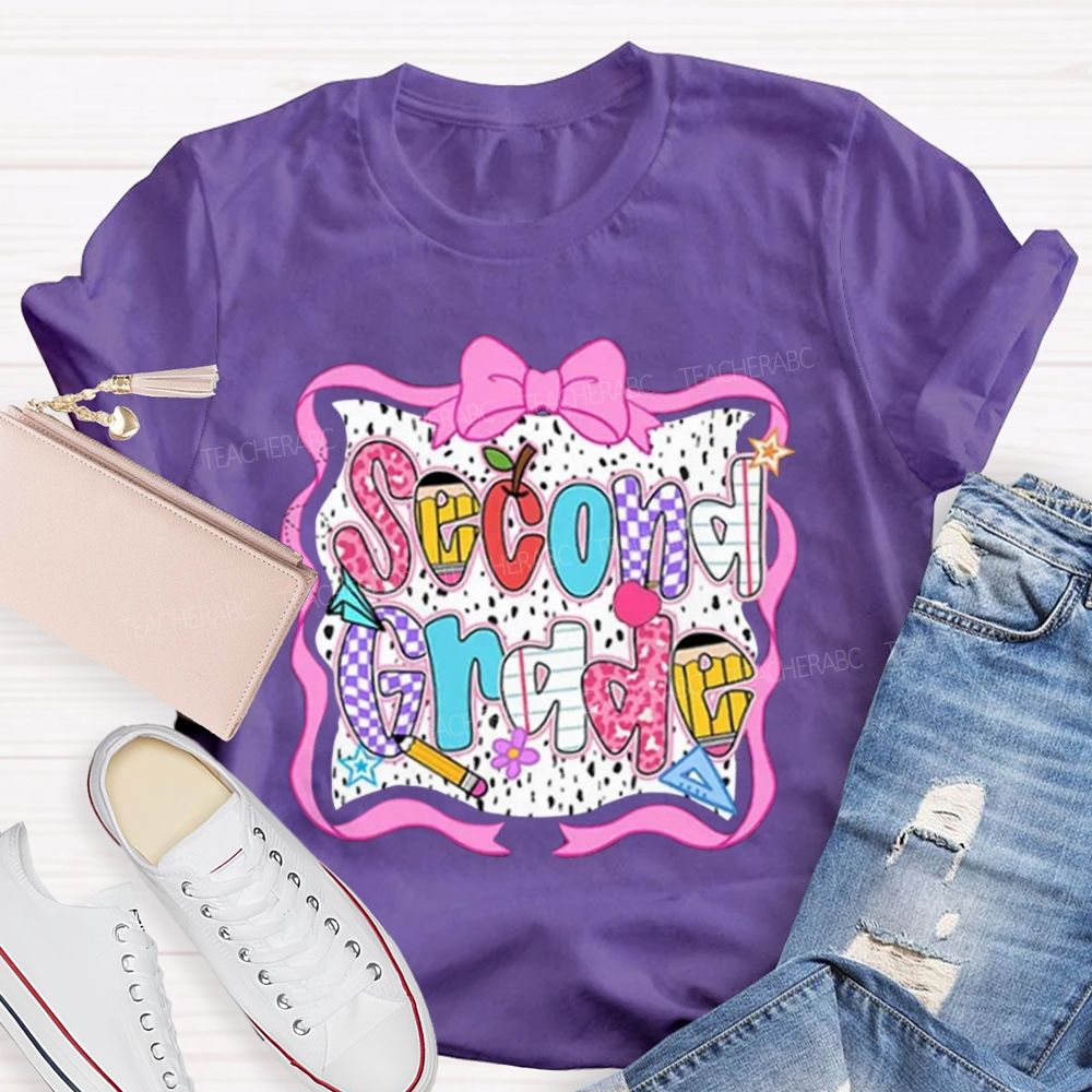 Personalized Grade Pink Bow With Ribbons Litter Star Teacher T-Shirt