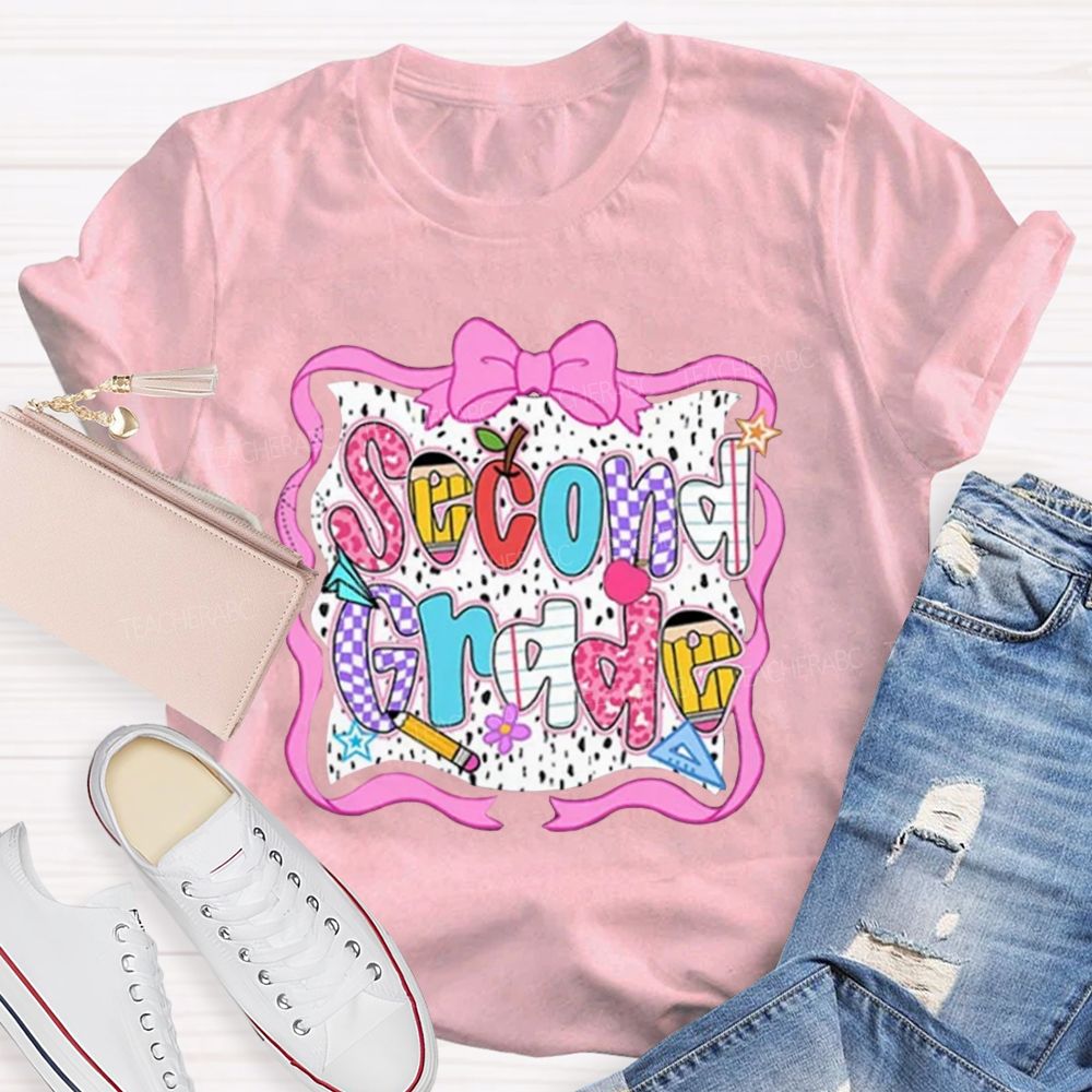 Personalized Grade Pink Bow With Ribbons Litter Star Teacher T-Shirt