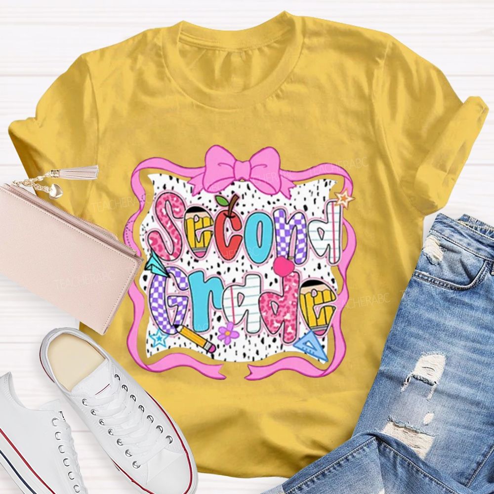 Personalized Grade Pink Bow With Ribbons Litter Star Teacher T-Shirt
