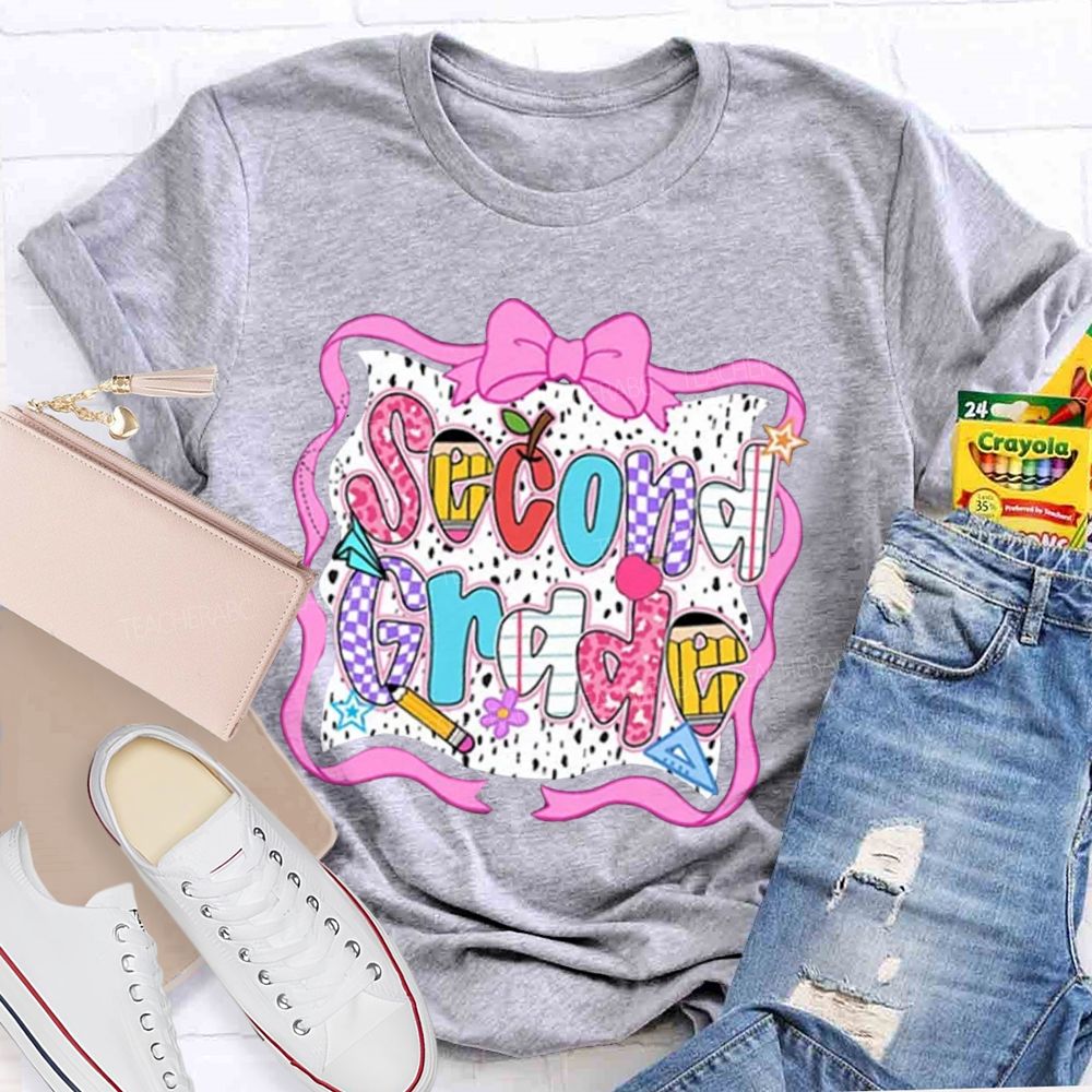 Personalized Grade Pink Bow With Ribbons Litter Star Teacher T-Shirt