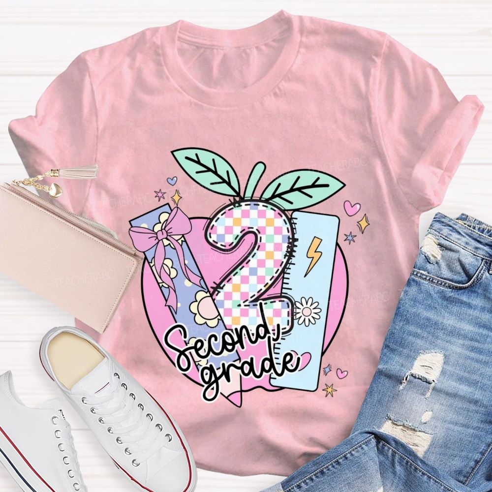 Personalized Grade Pink Apple And Colorful Plaid Print Teacher T-Shirt