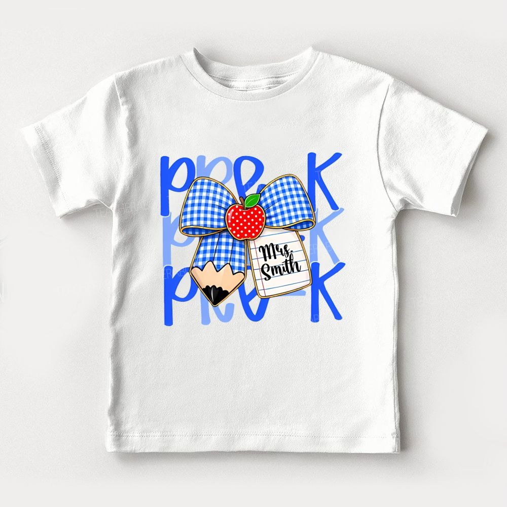 Personalized Name And Grade Pre-K Apple Bow Toddler T-shirts