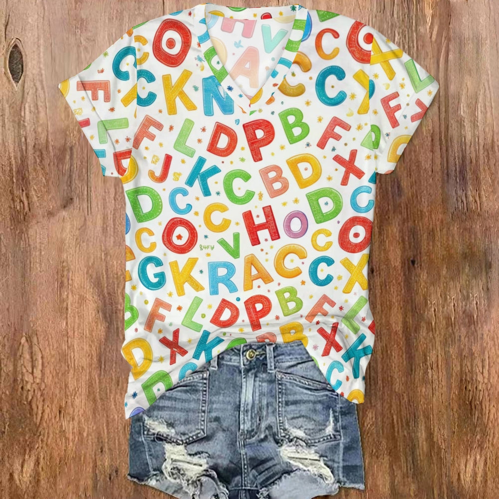 Colorful English Letters V Neck T-shirt