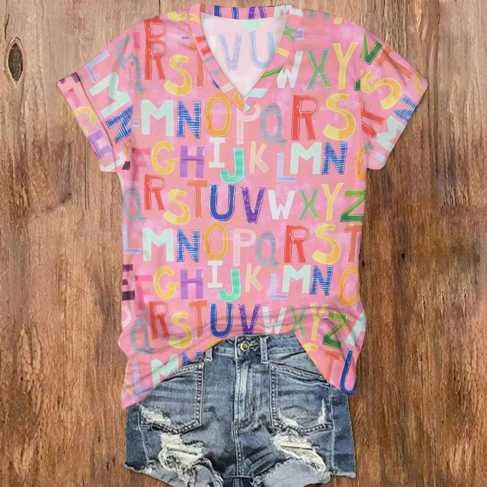 Pink Letters V Neck T-shirt