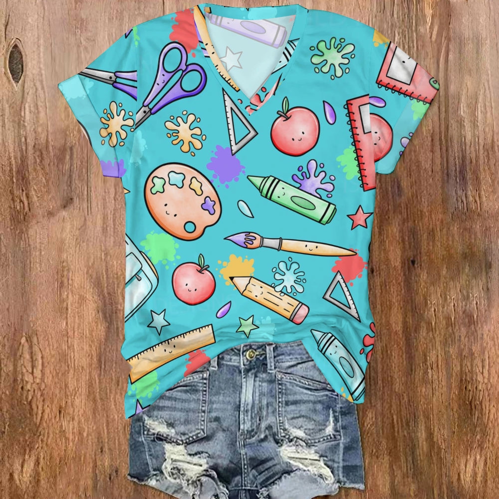 Blue Heart Apple Printed Teachers Neck T-shirt