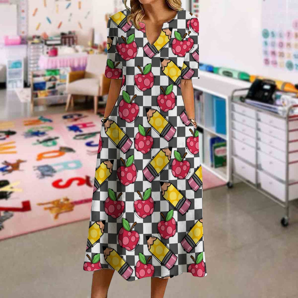 Checkerboard Apple Pencil Print Dress
