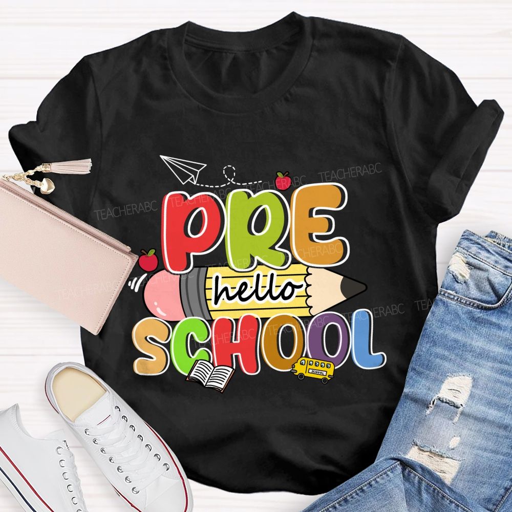 Personalized Grade Hello Pre School Pencil Apple Teacher T-shirt