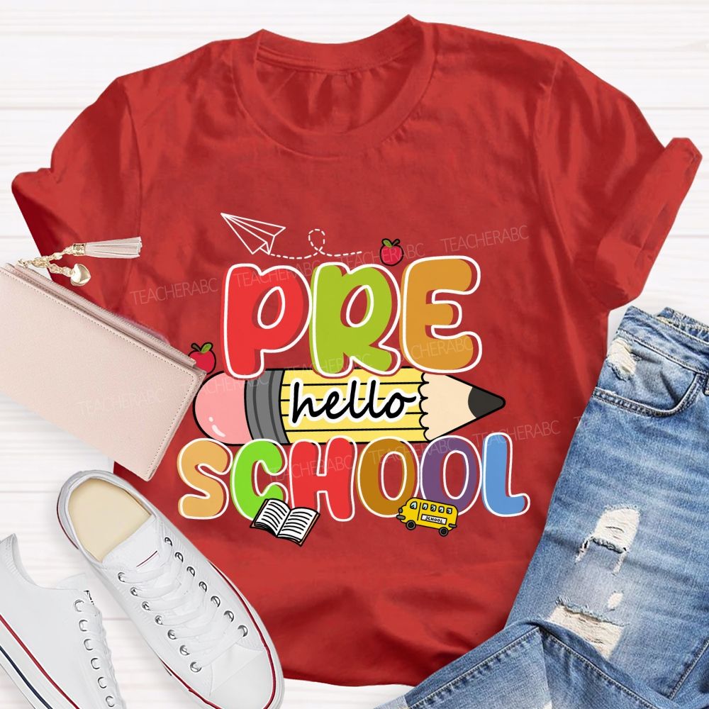 Personalized Grade Hello Pre School Pencil Apple Teacher T-shirt
