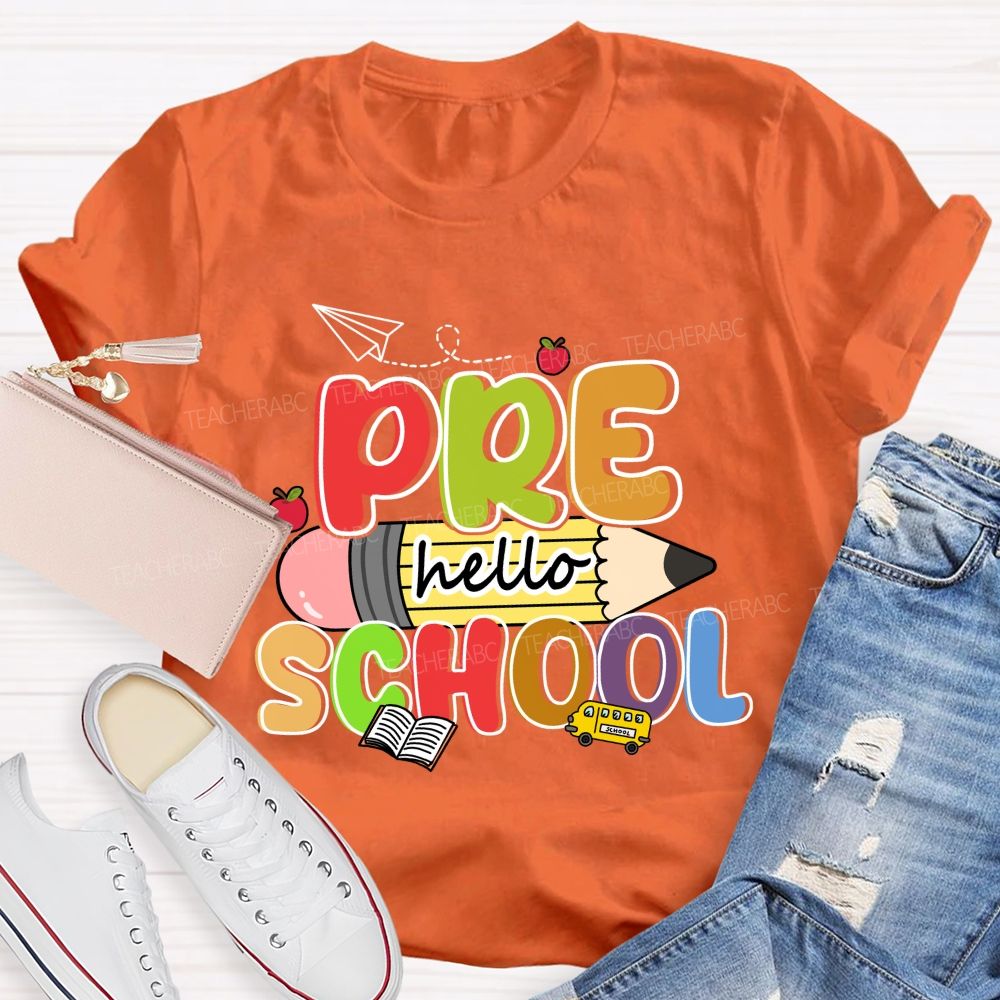 Personalized Grade Hello Pre School Pencil Apple Teacher T-shirt