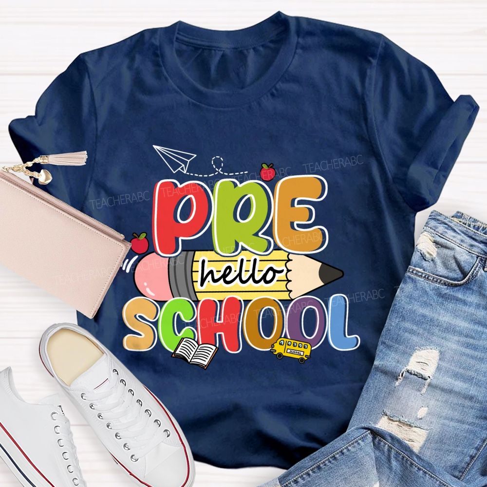 Personalized Grade Hello Pre School Pencil Apple Teacher T-shirt