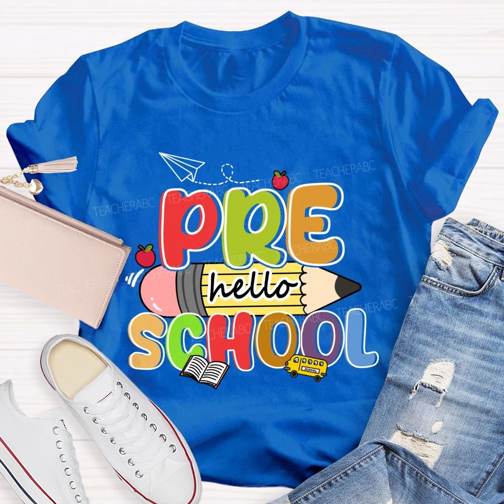 Personalized Grade Hello Pre School Pencil Apple Teacher T-shirt
