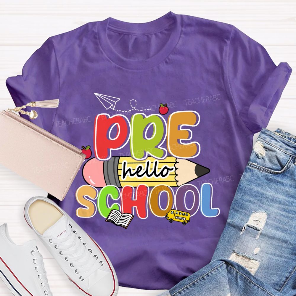 Personalized Grade Hello Pre School Pencil Apple Teacher T-shirt