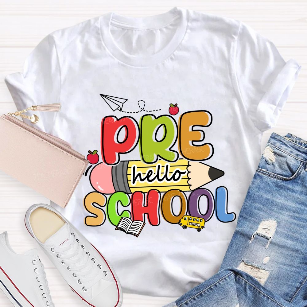 Personalized Grade Hello Pre School Pencil Apple Teacher T-shirt