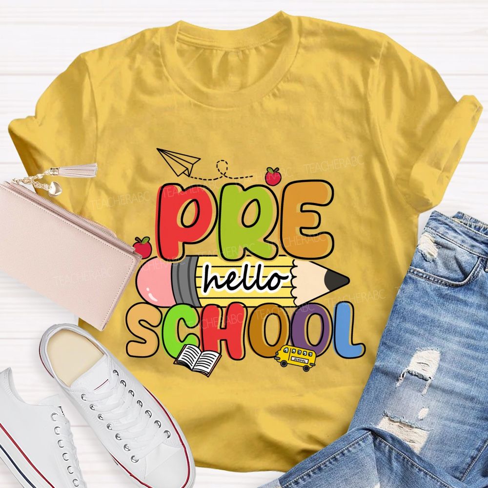 Personalized Grade Hello Pre School Pencil Apple Teacher T-shirt