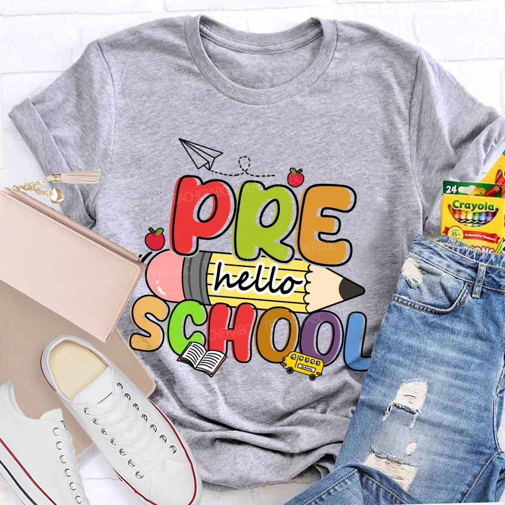 Personalized Grade Hello Pre School Pencil Apple Teacher T-shirt