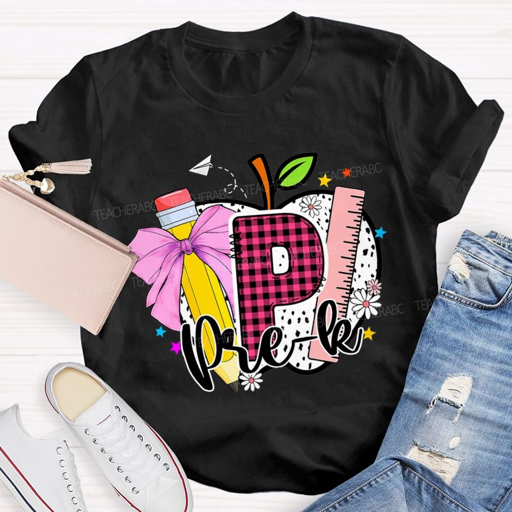 Personalized Grade Pink Plaid Letters P Is For Prek Teacher T-Shirt