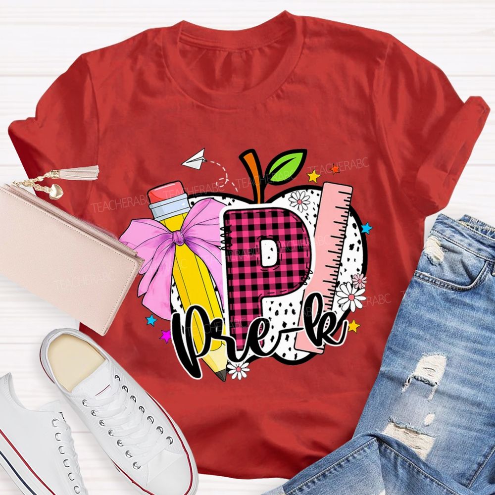 Personalized Grade Pink Plaid Letters P Is For Prek Teacher T-Shirt