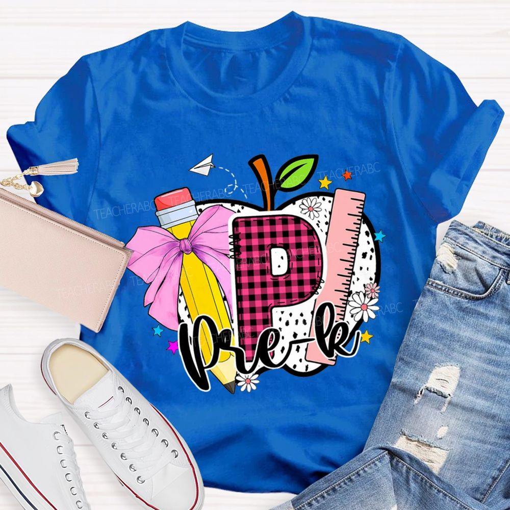 Personalized Grade Pink Plaid Letters P Is For Prek Teacher T-Shirt