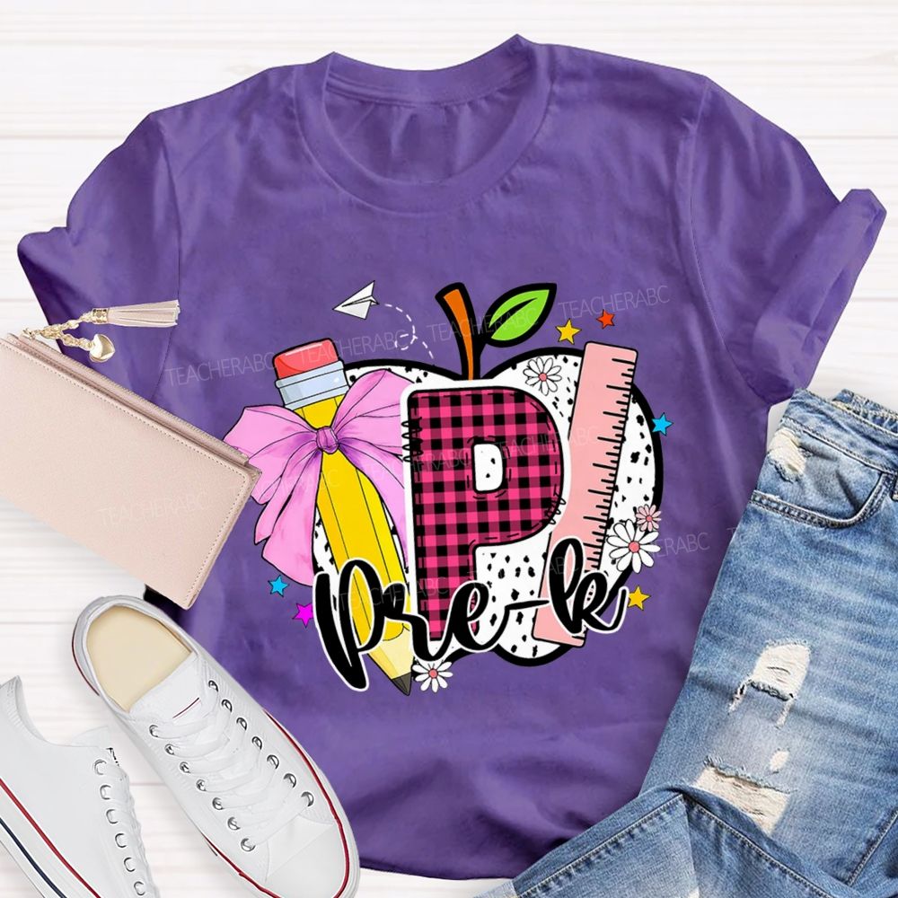 Personalized Grade Pink Plaid Letters P Is For Prek Teacher T-Shirt