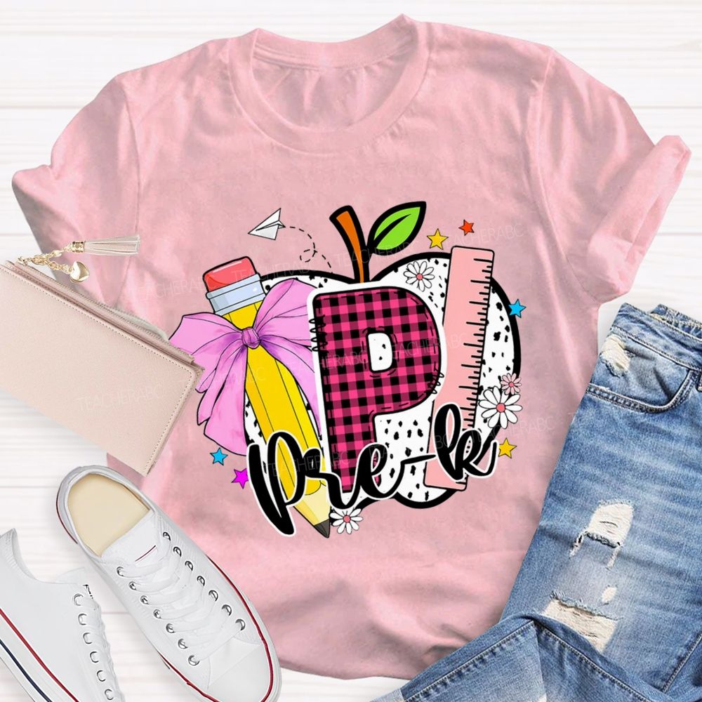 Personalized Grade Pink Plaid Letters P Is For Prek Teacher T-Shirt