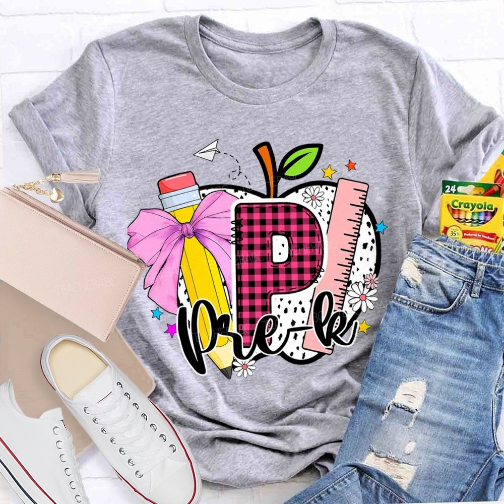 Personalized Grade Pink Plaid Letters P Is For Prek Teacher T-Shirt