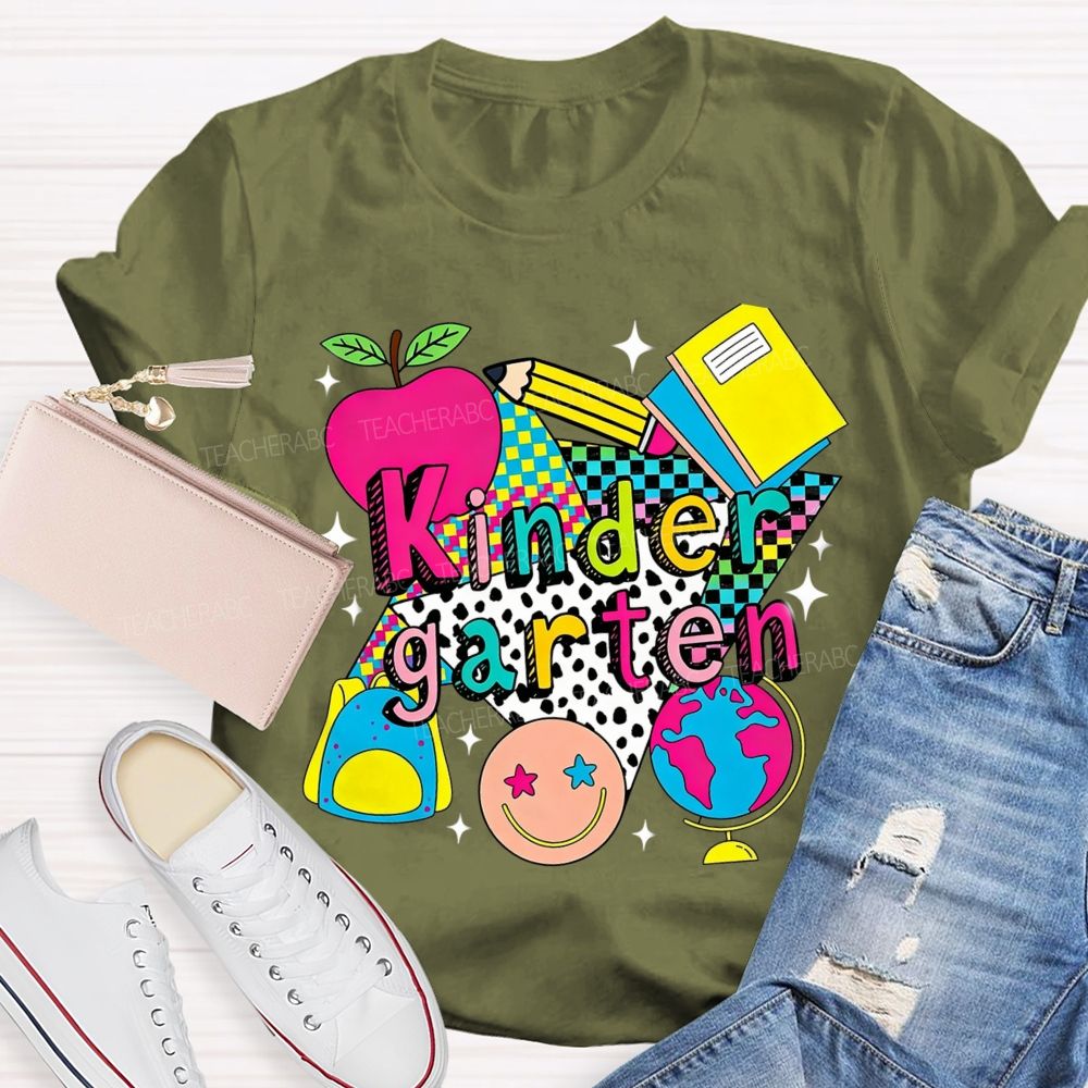 Personalized Grade Colorful Checkerboard Pattern Teacher T-Shirt